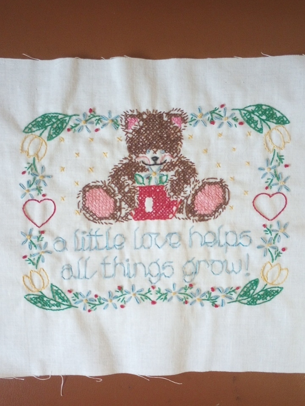 Completed Stamped Cross Stitch Vintage Sampler. Teddy Bear, Hearts, Flowers